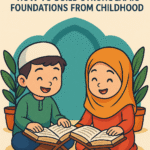 Two young Muslim children happily reading the Quran together, sitting cross-legged with wooden Quran stands, in a peaceful Islamic setting with green plants and an arch backdrop. Focus on Islamic learning and Quran for kids.
