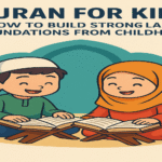 Two young Muslim children happily reading the Quran together, sitting cross-legged with wooden Quran stands, in a peaceful Islamic setting with green plants and an arch backdrop. Focus on Islamic learning and Quran for kids.