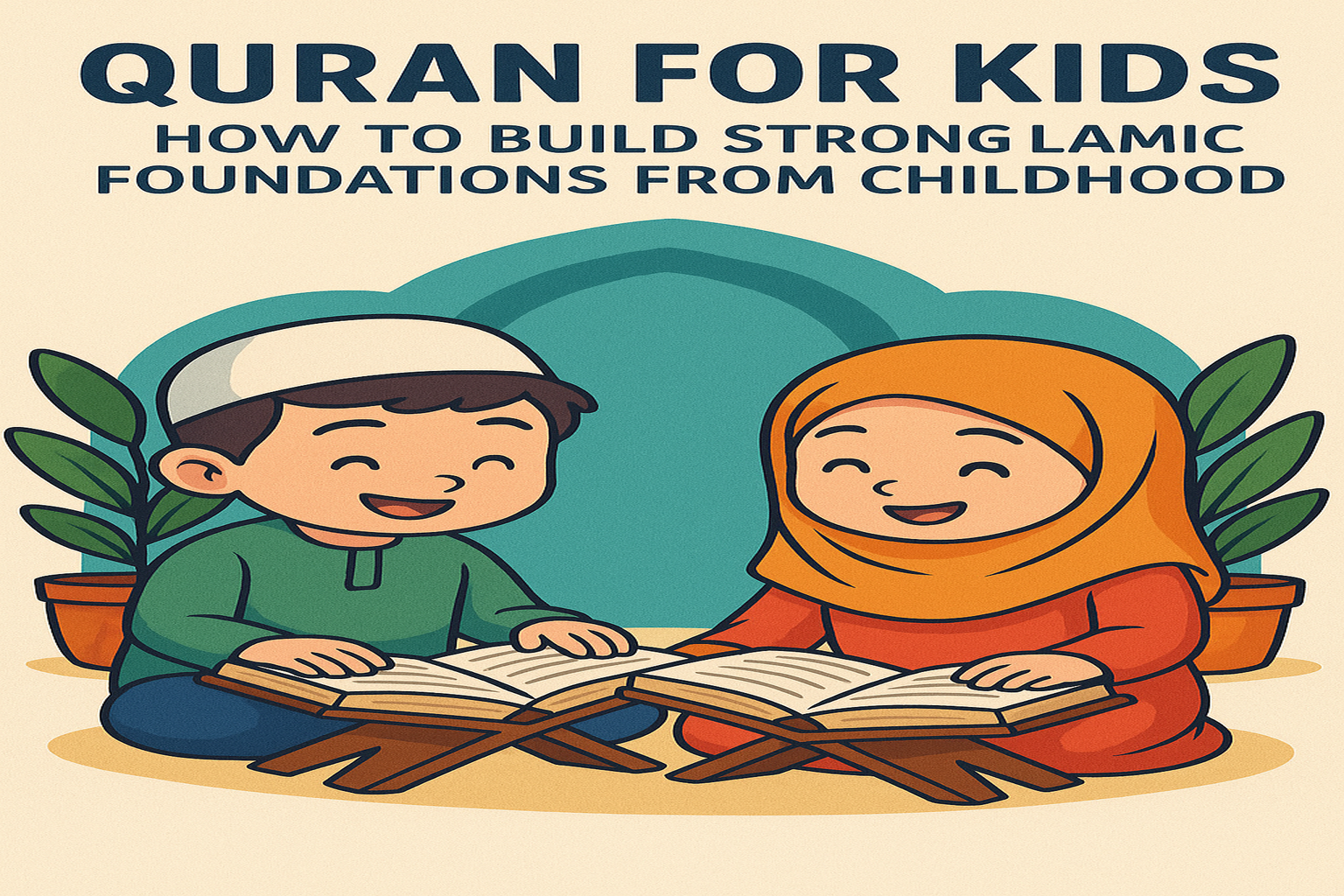 Two young Muslim children happily reading the Quran together, sitting cross-legged with wooden Quran stands, in a peaceful Islamic setting with green plants and an arch backdrop. Focus on Islamic learning and Quran for kids.
