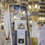 Smart robot used for hygiene and crowd safety during Hajj 2025 in a mosque, reflecting modern technology in pilgrimage management