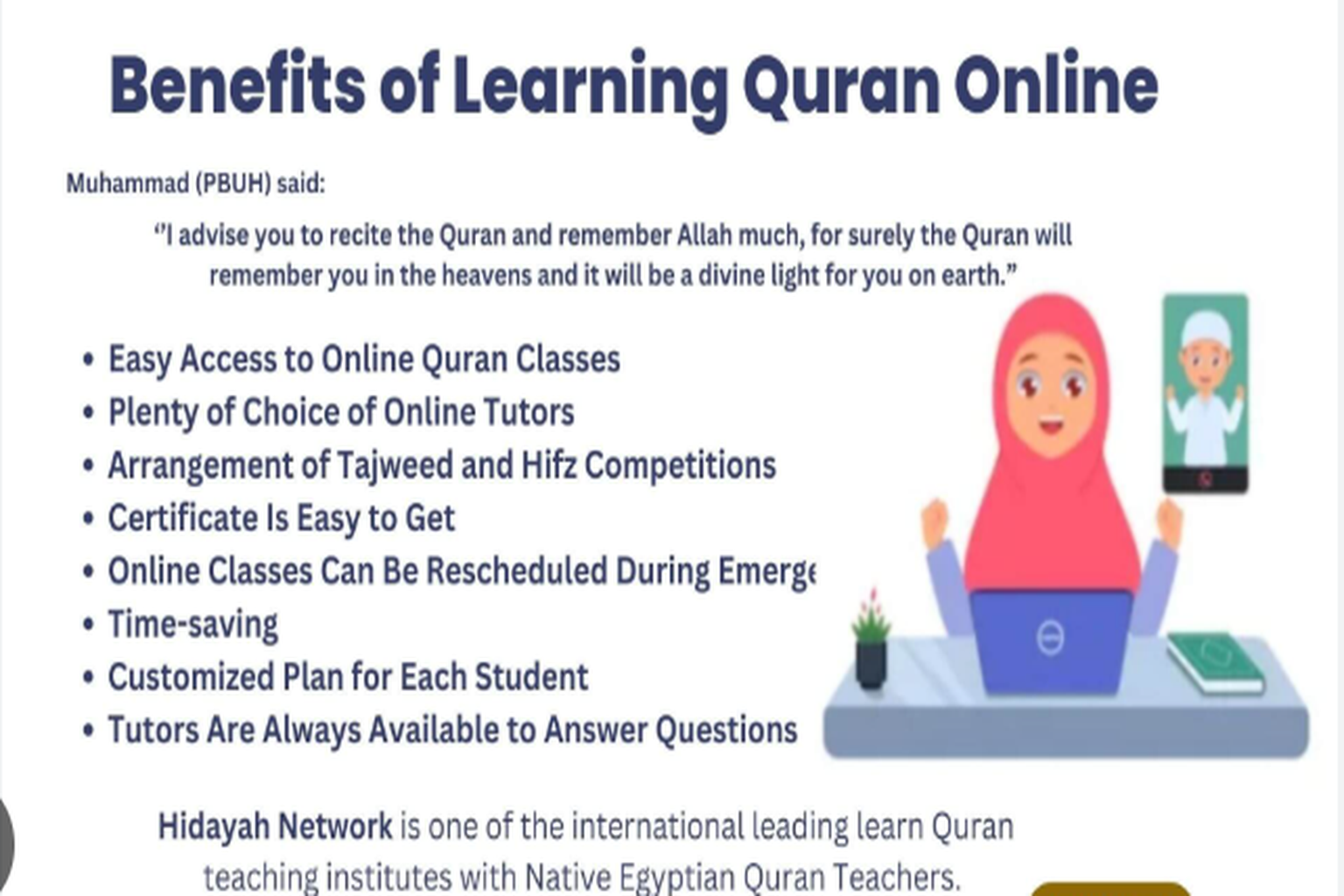 Benefits of online Quran classes, including flexible schedules, expert tutors, and certificates, with a Hadith about Quranic recitation.