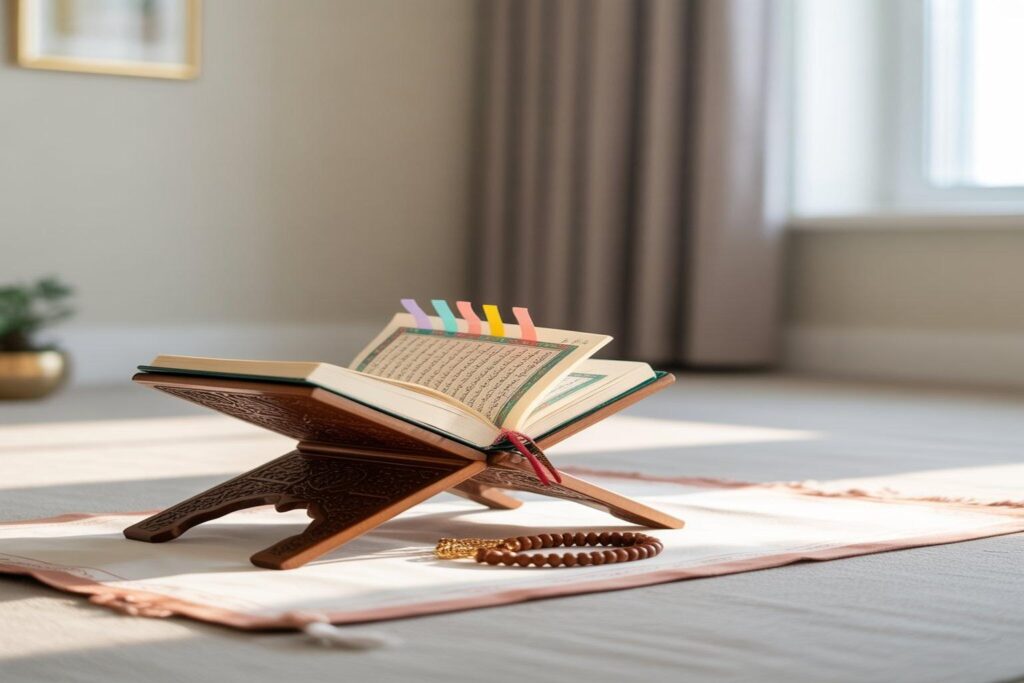 Open Quran placed on a wooden Rehal (stand) with colorful bookmarks, prayer beads (Tasbeeh), and a prayer mat in a well-lit room with soft sunlight.