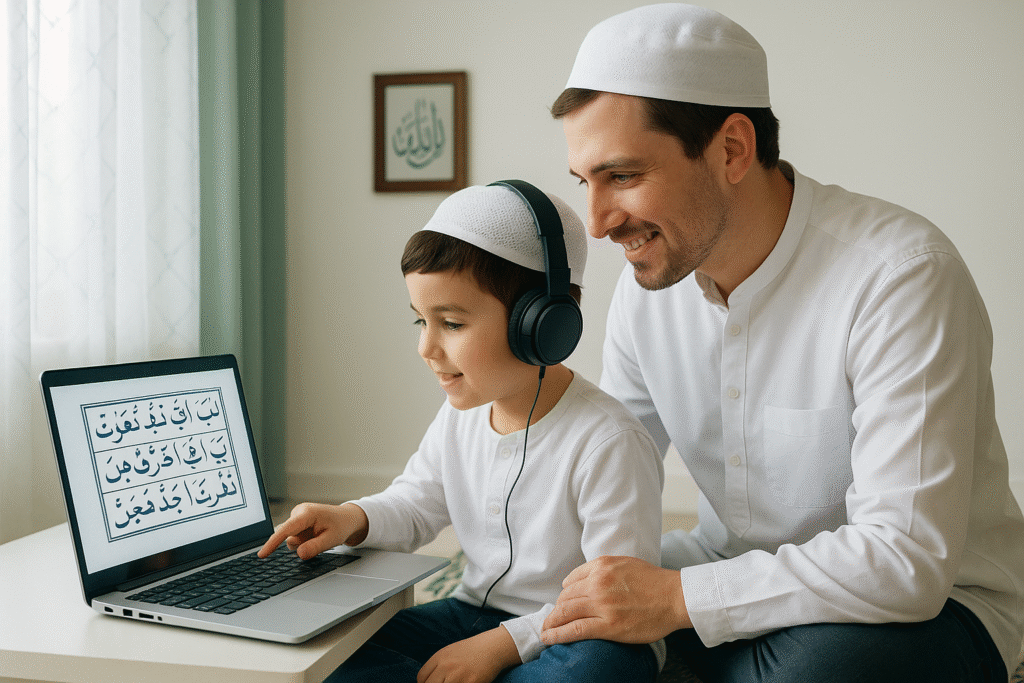 A father and son wearing traditional white Islamic clothing and caps are smiling while learning Noorani Qaida online using a laptop. The child is wearing headphones and pointing at Arabic text on the screen.