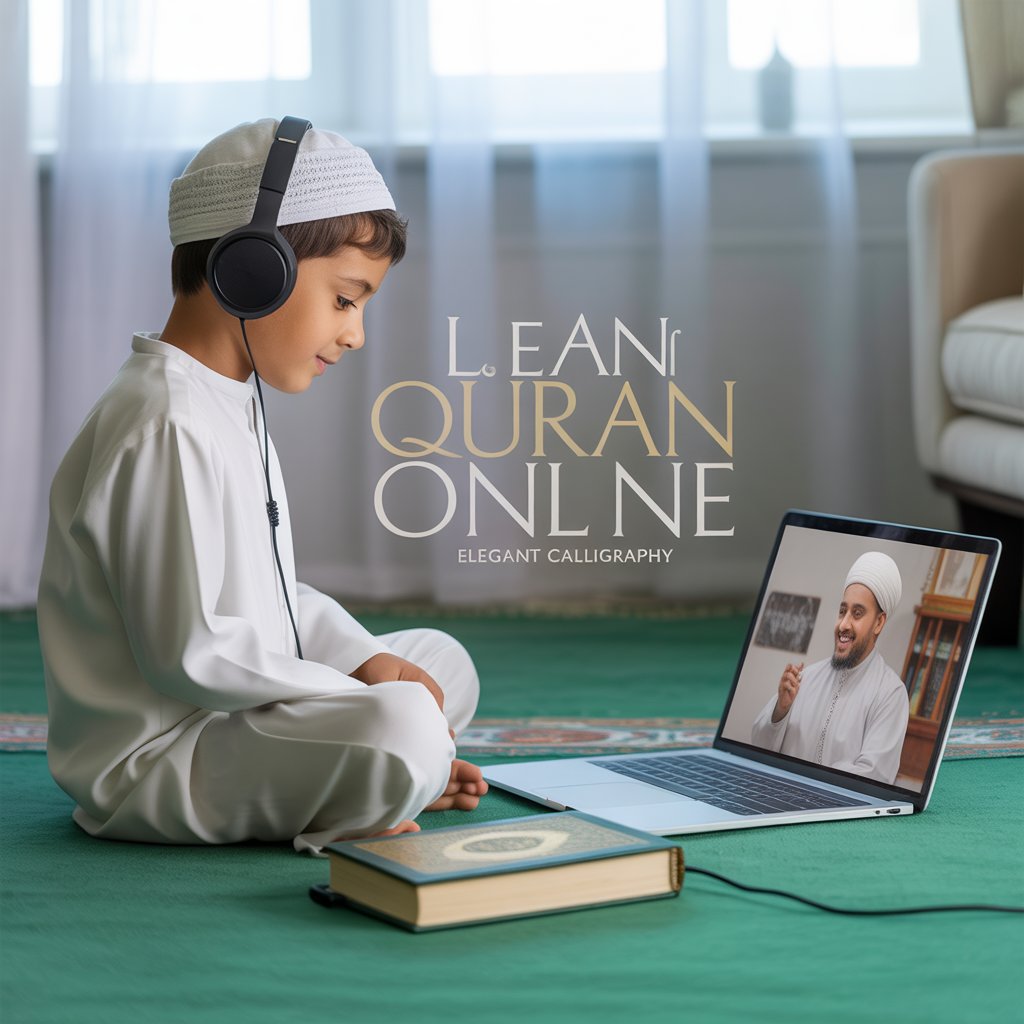 A young Muslim boy wearing traditional white attire and headphones, sitting on a prayer mat while learning Quran online through a video call with a male Islamic teacher on a laptop. A Quran rests in front of him