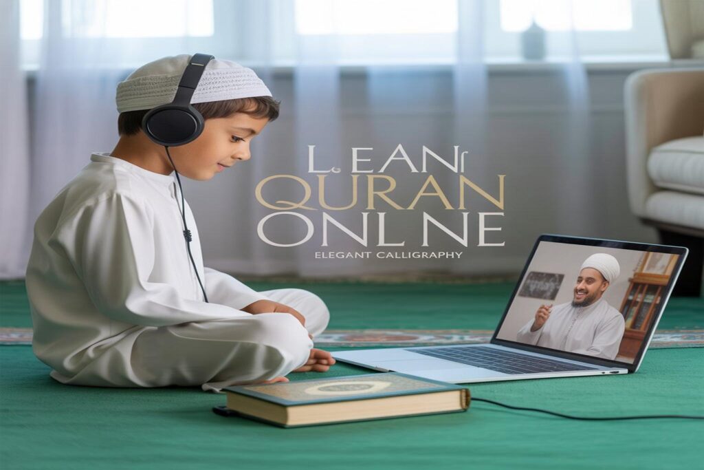A young Muslim boy wearing traditional white attire and headphones, sitting on a prayer mat while learning Quran online through a video call with a male Islamic teacher on a laptop. A Quran rests in front of him